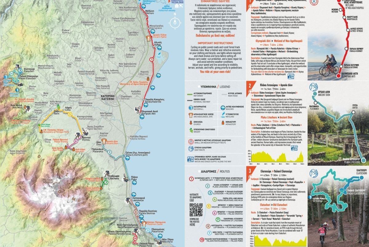 Ein detaillierter Blick auf die neue Karte „Radwege an der Olympus-Riviera“ mit Routenbeschreibungen, Schwierigkeitsgraden und Sehenswürdigkeiten in ganz Pieria. Bildquelle: POTAP