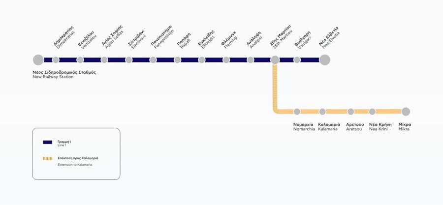 Karte des U-Bahn-Netzes von Thessaloniki mit der Linie 1 und der Verlängerungsstrecke nach Kalamaria, die von der Haltestelle „25. Martiou“ über Nomarchia, Kalamaria, Aretsou, Nea Krini und Mikra verläuft. Bildquelle: Elliniko Metro