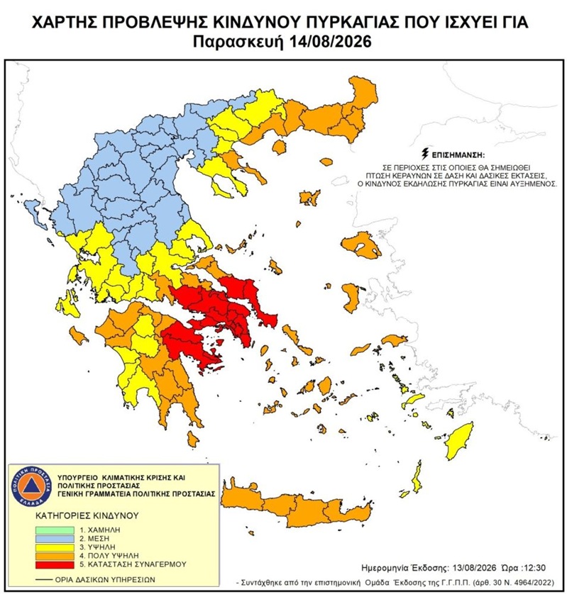 Prognose zur Waldbrandgefahr in Griechenland für Freitag, den 14. August 2026. Rot markierte Gebiete fallen unter Kategorie 5 (extreme Gefahr), orange steht für Kategorie 4 (sehr hohe Gefahr), gelb für Kategorie 3 (hohe Gefahr), blau für Kategorie 2 (mäßige Gefahr) und grün für Kategorie 1 (geringe Gefahr). Quelle: Generalsekretariat für Katastrophenschutz